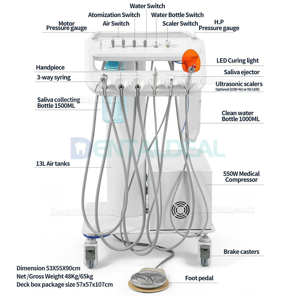 B033 Portable Mobile Dental Delivery Trolley Cart Unit with Compressor, Scaler & Curing Light